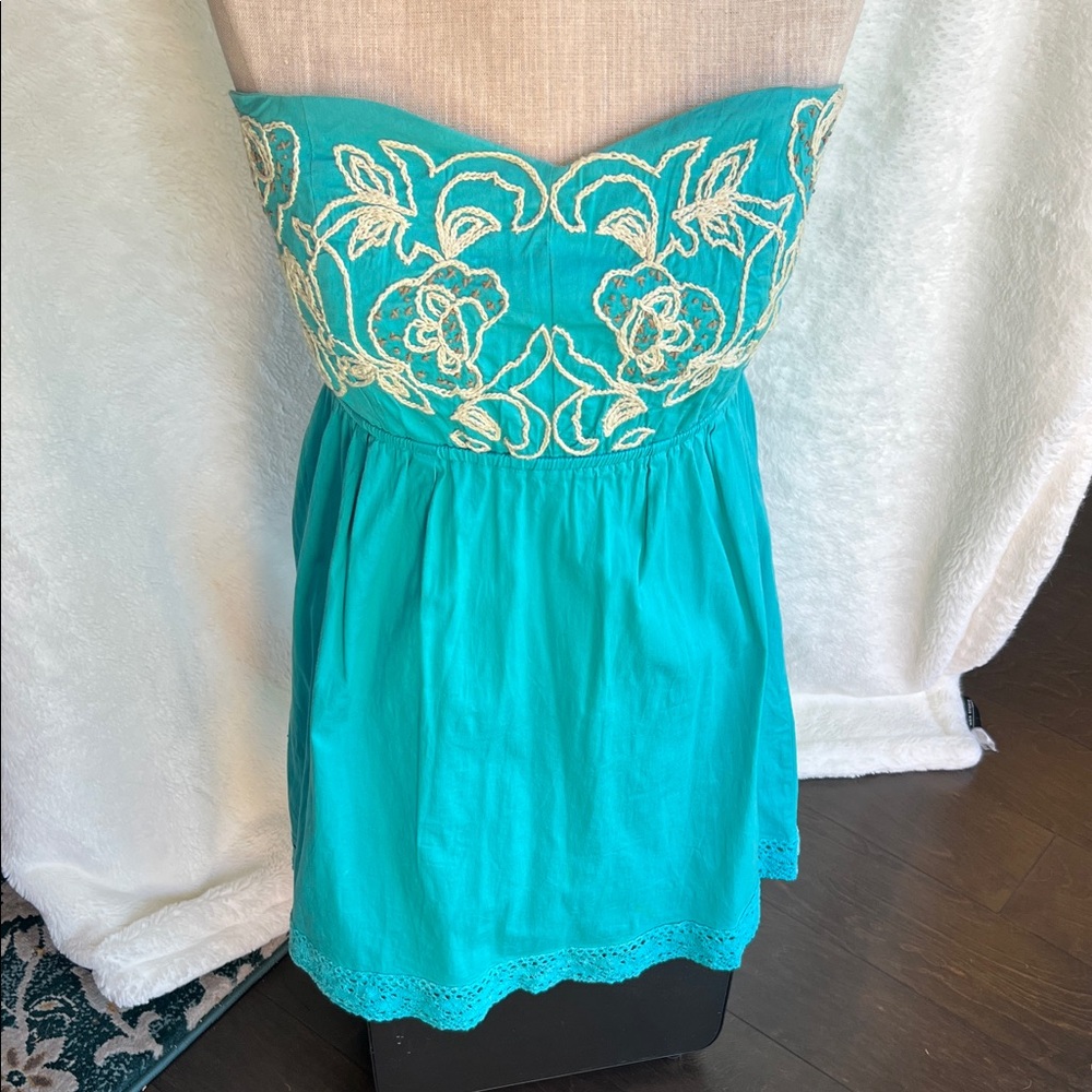 Judith March Teal and Cream Strapless Dress